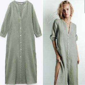 Zara 100% Linen Dress Pockets Khaki